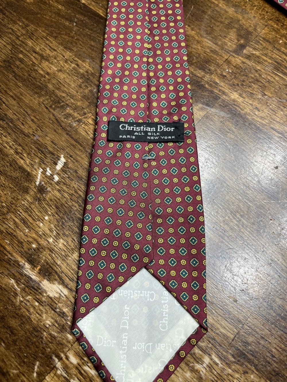 Dior Men’s Red Silk Tie with Green and Gold Geometric Motif